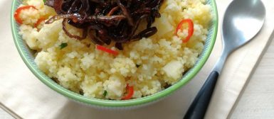 Cuscuz marroquino com palmito, pimenta e cebola tostada