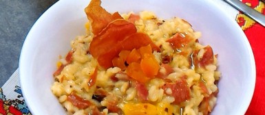 Risoto de damasco com presunto serrano crocante