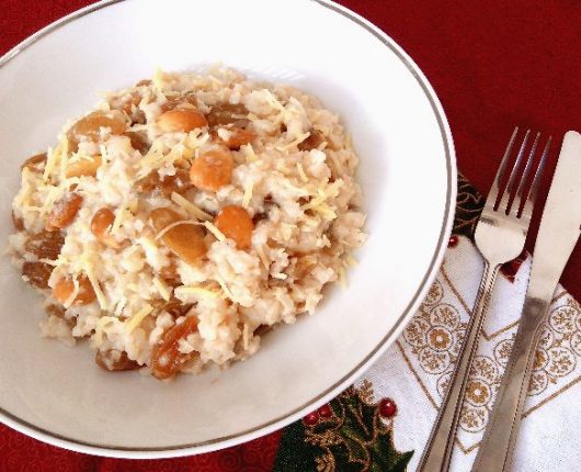 Risoto de amêndoas tostadas e uvas passas ao espumante