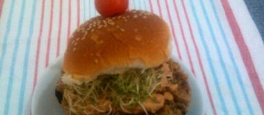 Festival de Hambúrgueres: Natureba (hambúrguer vegano de proteína de soja e funghi com radicchio, broto de alfafa e creme de tofu com páprica)